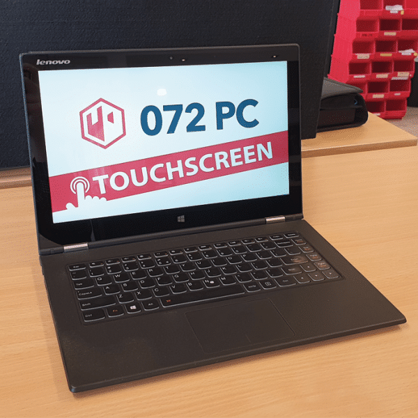 Foto van voorkant Lenovo Yoga 2 Pro laptop met tekst 'touchscreen' in beeld